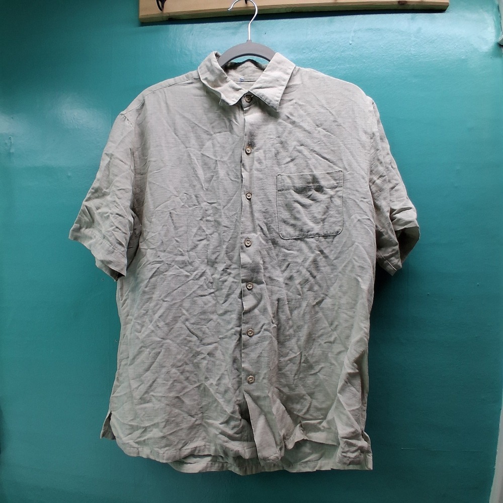 Tasso Elba Island Shirt M Khaki Silk Linen Short Sleeve Tropical Coastal Summer